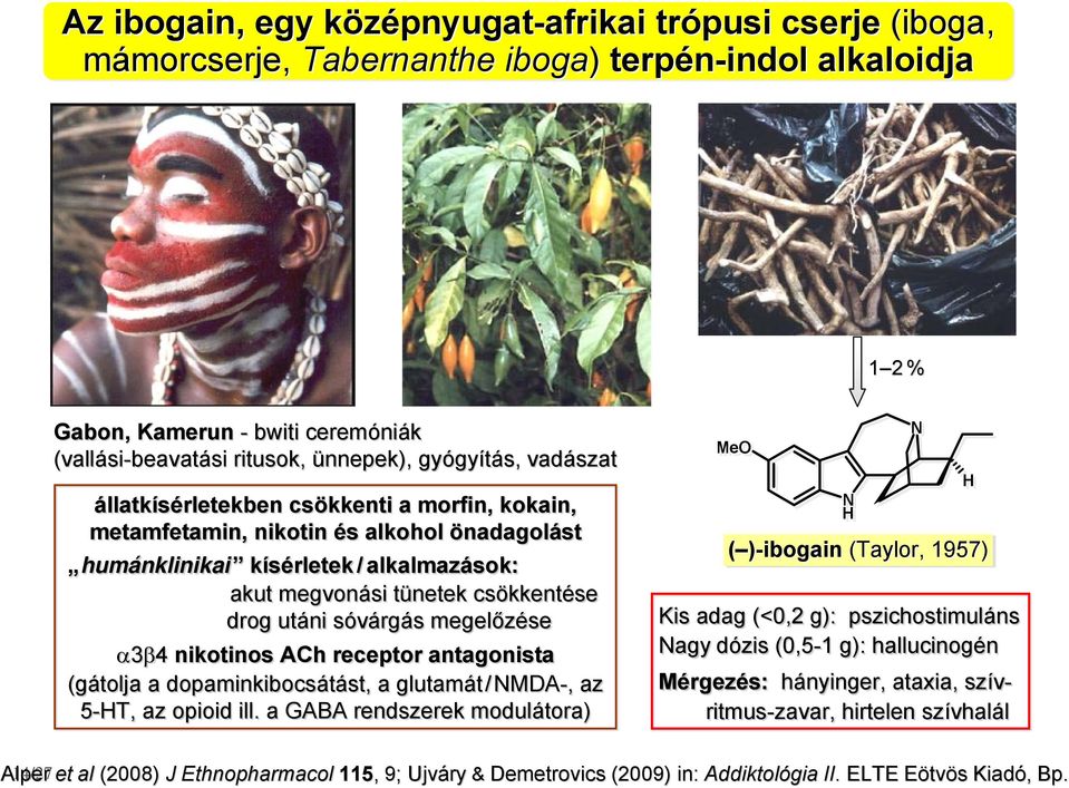 megvonási tünetek t csökkentése se drog utáni sóvárgás s megelőzése α3β4 nikotinos ACh receptor antagonista (gátolja a dopaminkibocsátást, st, a glutamát/mda-,, az 5-T, az opioid ill.