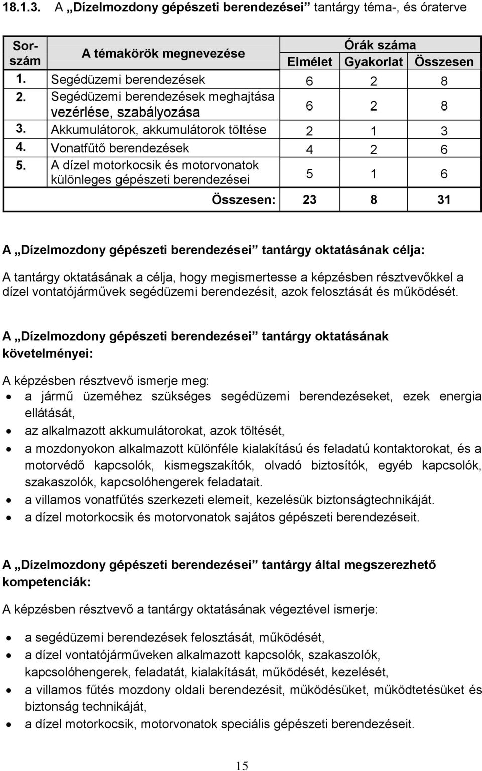 A dízel motorkocsik és motorvonatok különleges gépészeti berendezései 5 1 6 Összesen: 23 8 31 A Dízelmozdony gépészeti berendezései tantárgy oktatásának célja: A tantárgy oktatásának a célja, hogy