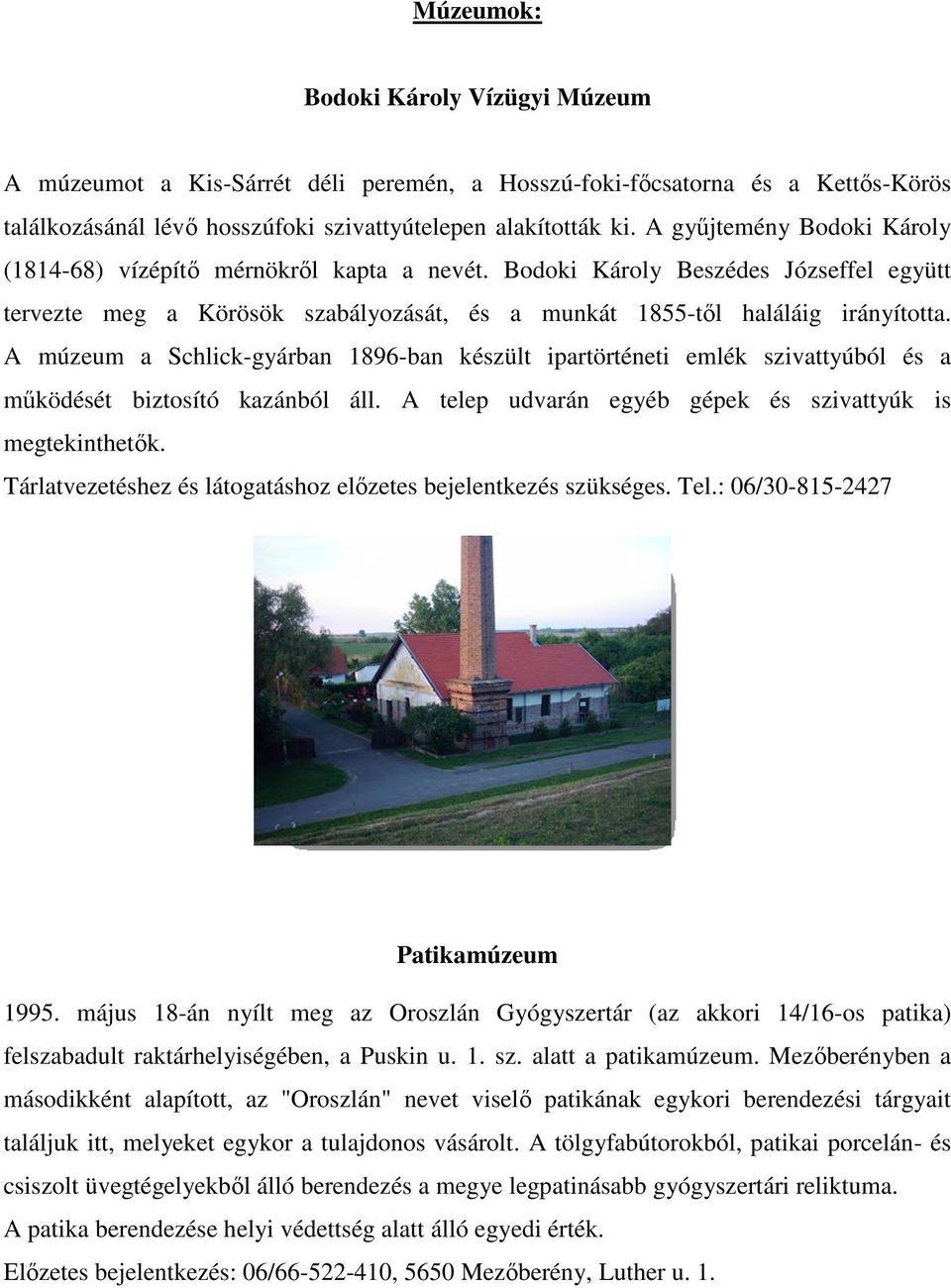 A múzeum a Schlick-gyárban 1896-ban készült ipartörténeti emlék szivattyúból és a működését biztosító kazánból áll. A telep udvarán egyéb gépek és szivattyúk is megtekinthetők.