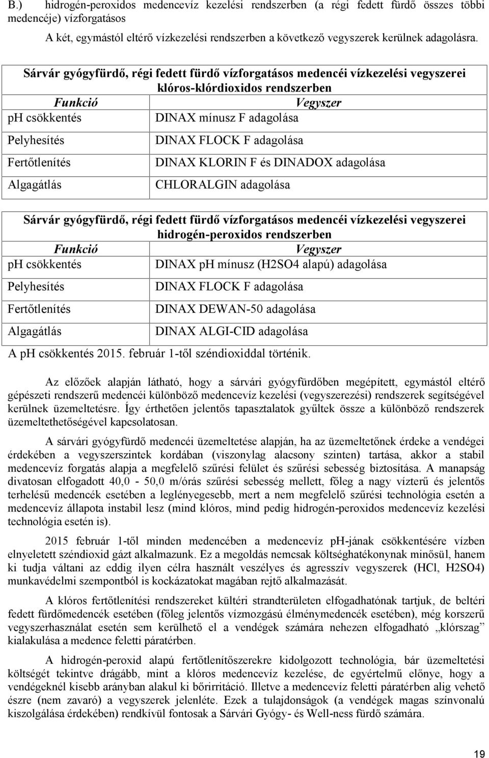 Sárvár gyógyfürdő, régi fedett fürdő vízforgatásos medencéi vízkezelési vegyszerei klóros-klórdioxidos rendszerben Funkció Vegyszer ph csökkentés DINAX mínusz F adagolása Pelyhesítés Fertőtlenítés