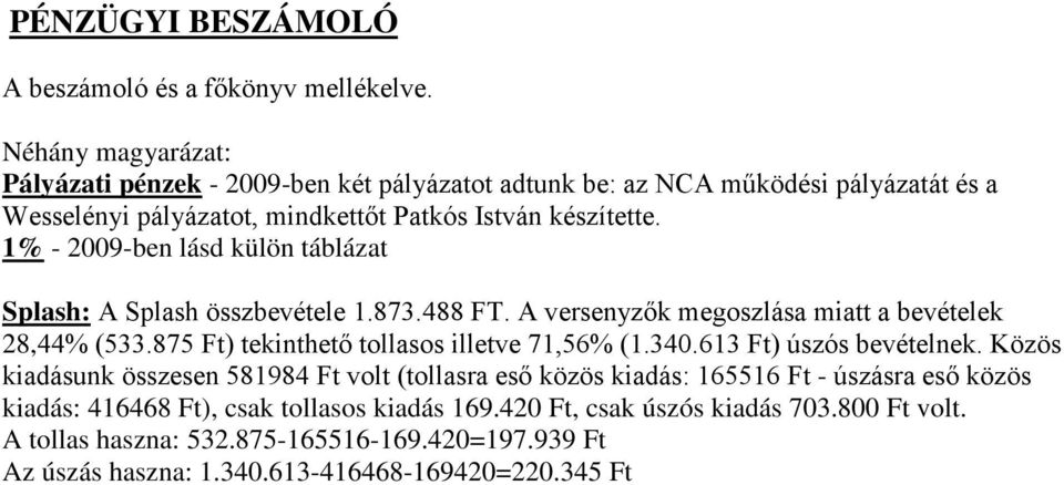 1% - 2009-ben lásd külön táblázat Splash: A Splash összbevétele 1.873.488 FT. A versenyzők megoszlása miatt a bevételek 28,44% (533.875 Ft) tekinthető tollasos illetve 71,56% (1.