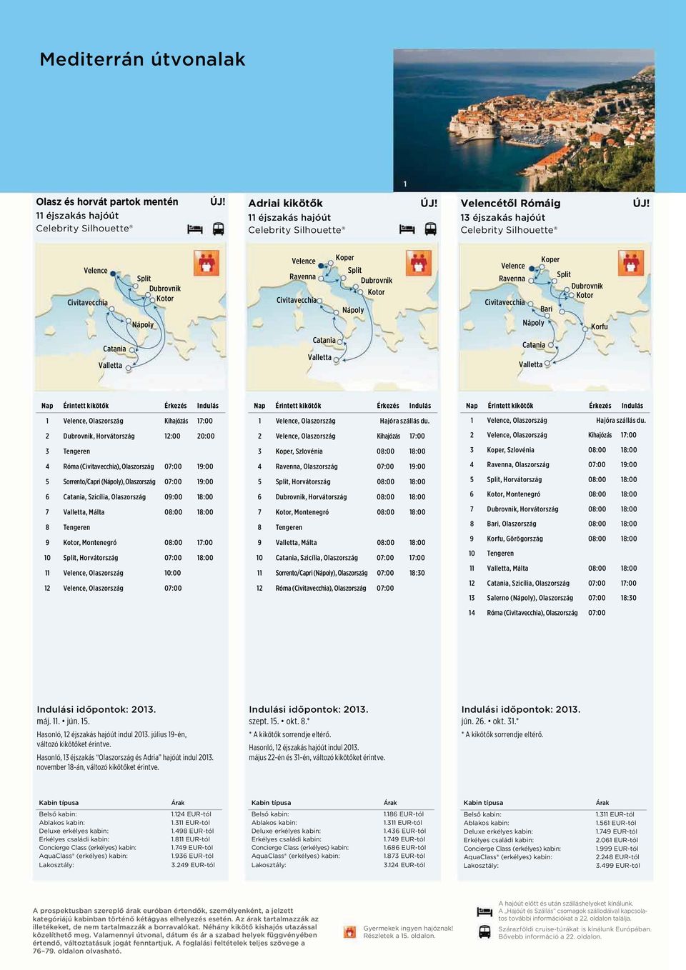 Róma (), 07:00 19:00 5 Sorrento/Capri (), 07:00 19:00 6 Catania, Szicília, 09:00 18:00 7, Málta 08:00 18:00 8 Tengeren 9 Kotor, Montenegró 08:00 17:00 10 Split, Horvátország 07:00 18:00 11, 10:00 12,