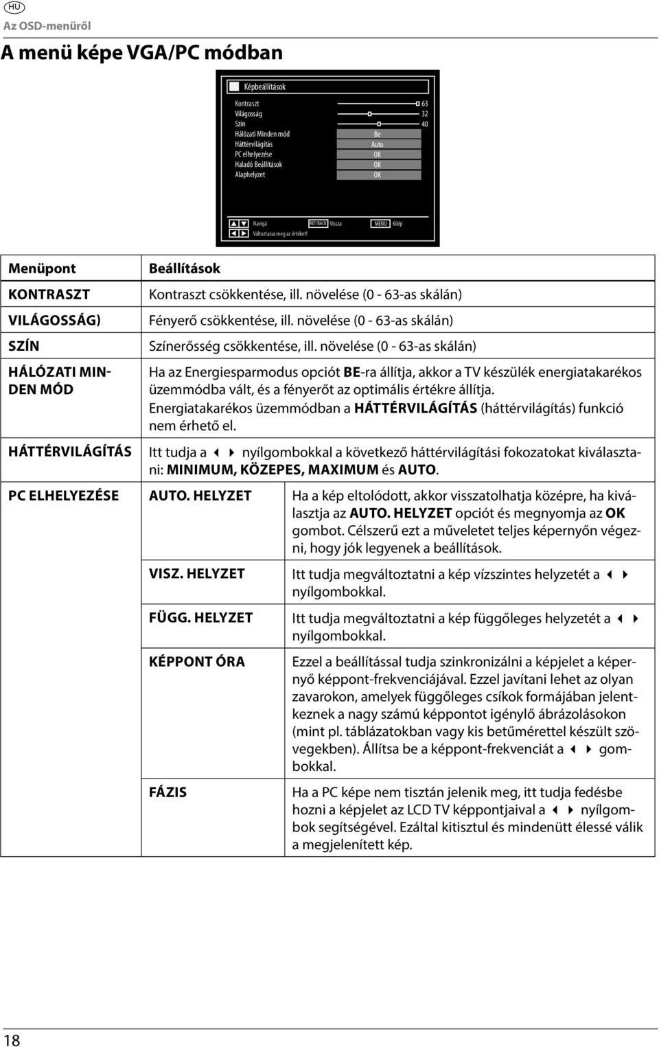 növelése (0-63-as skálán) Fényerő csökkentése, ill. növelése (0-63-as skálán) Színerősség csökkentése, ill.