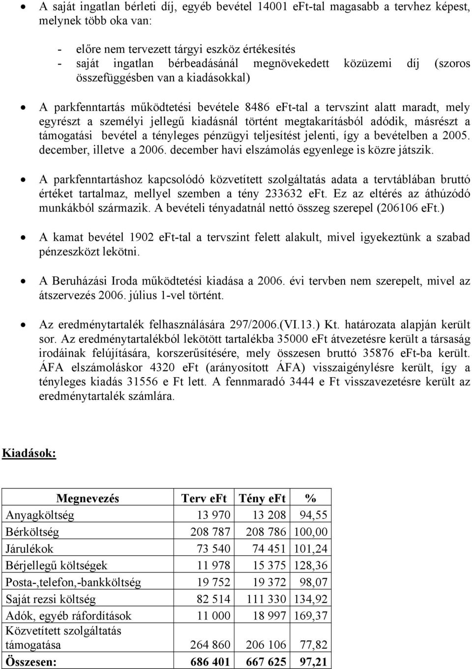 adódik, másrészt a támogatási bevétel a tényleges pénzügyi teljesítést jelenti, így a bevételben a 2005. december, illetve a 2006. december havi elszámolás egyenlege is közre játszik.