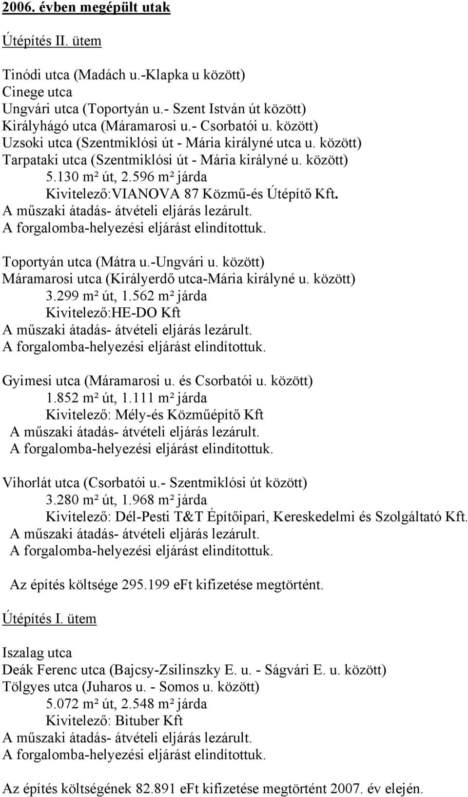 596 m² járda Kivitelező:VIANOVA 87 Közmű-és Útépítő Kft. A műszaki átadás- átvételi eljárás lezárult. A forgalomba-helyezési eljárást elindítottuk. Toportyán utca (Mátra u.-ungvári u.