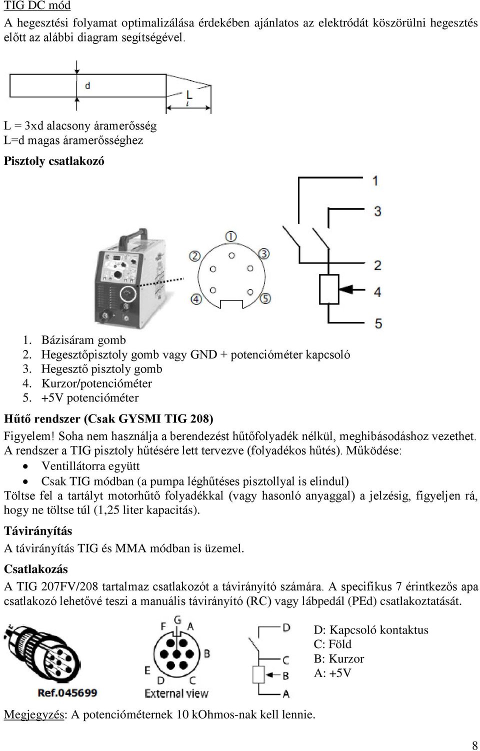 Kurzor/potencióméter 5. +5V potencióméter Hűtő rendszer (Csak GYSMI TIG 208) Figyelem! Soha nem használja a berendezést hűtőfolyadék nélkül, meghibásodáshoz vezethet.