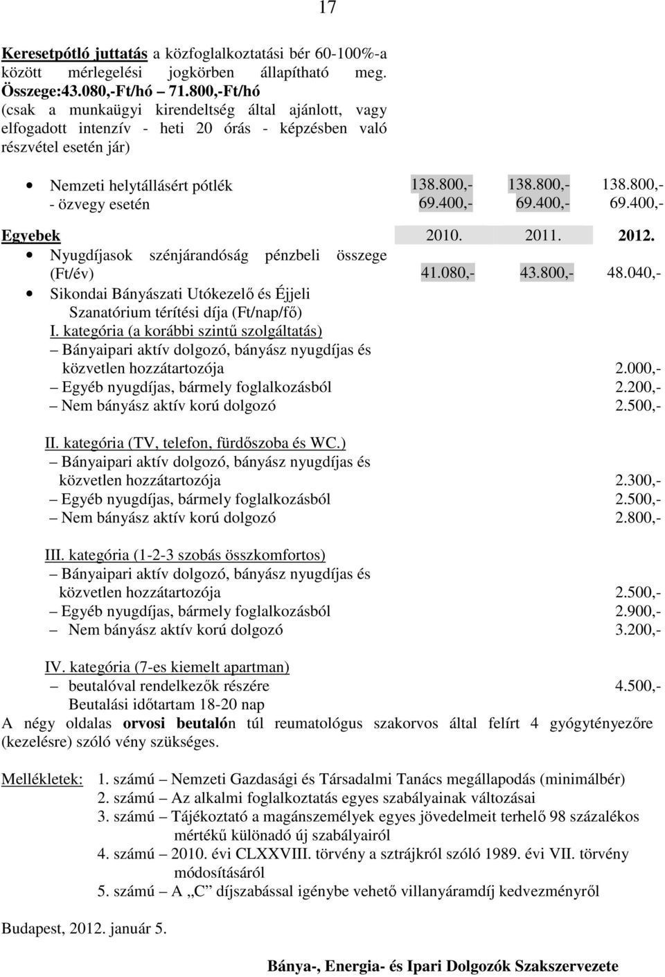 400,- 138.800,- 69.400,- 138.800,- 69.400,- Egyebek 2010. 2011. 2012. Nyugdíjasok szénjárandóság pénzbeli összege (Ft/év) 41.080,- 43.800,- 48.