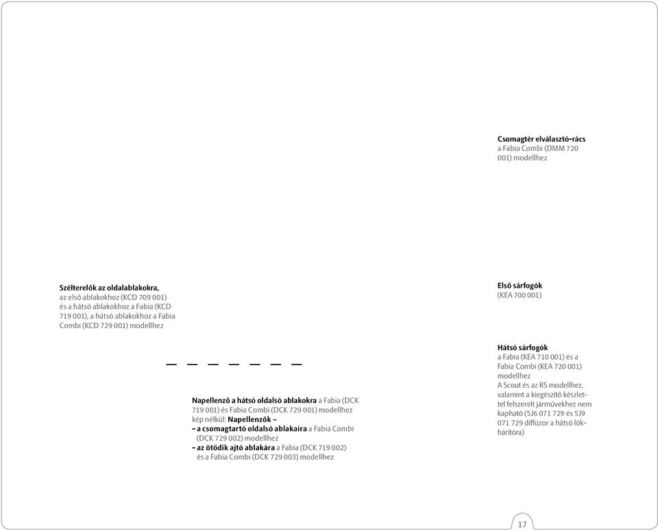 csomagtartó oldalsó ablakaira a Fabia Combi (DCK 729 002) modellhez - az ötödik ajtó ablakára a Fabia (DCK 719 002) és a Fabia Combi (DCK 729 003) modellhez Hátsó sárfogók a Fabia (KEA 710 001)