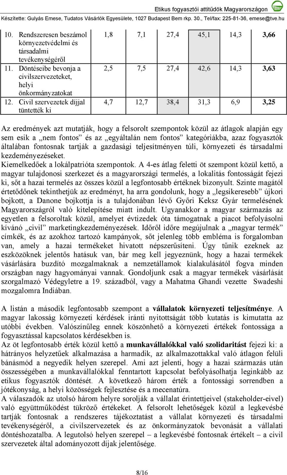 alapján egy sem esik a nem fontos és az egyáltalán nem fontos kategóriákba, azaz fogyasztók általában fontosnak tartják a gazdasági teljesítményen túli, környezeti és társadalmi kezdeményezéseket.