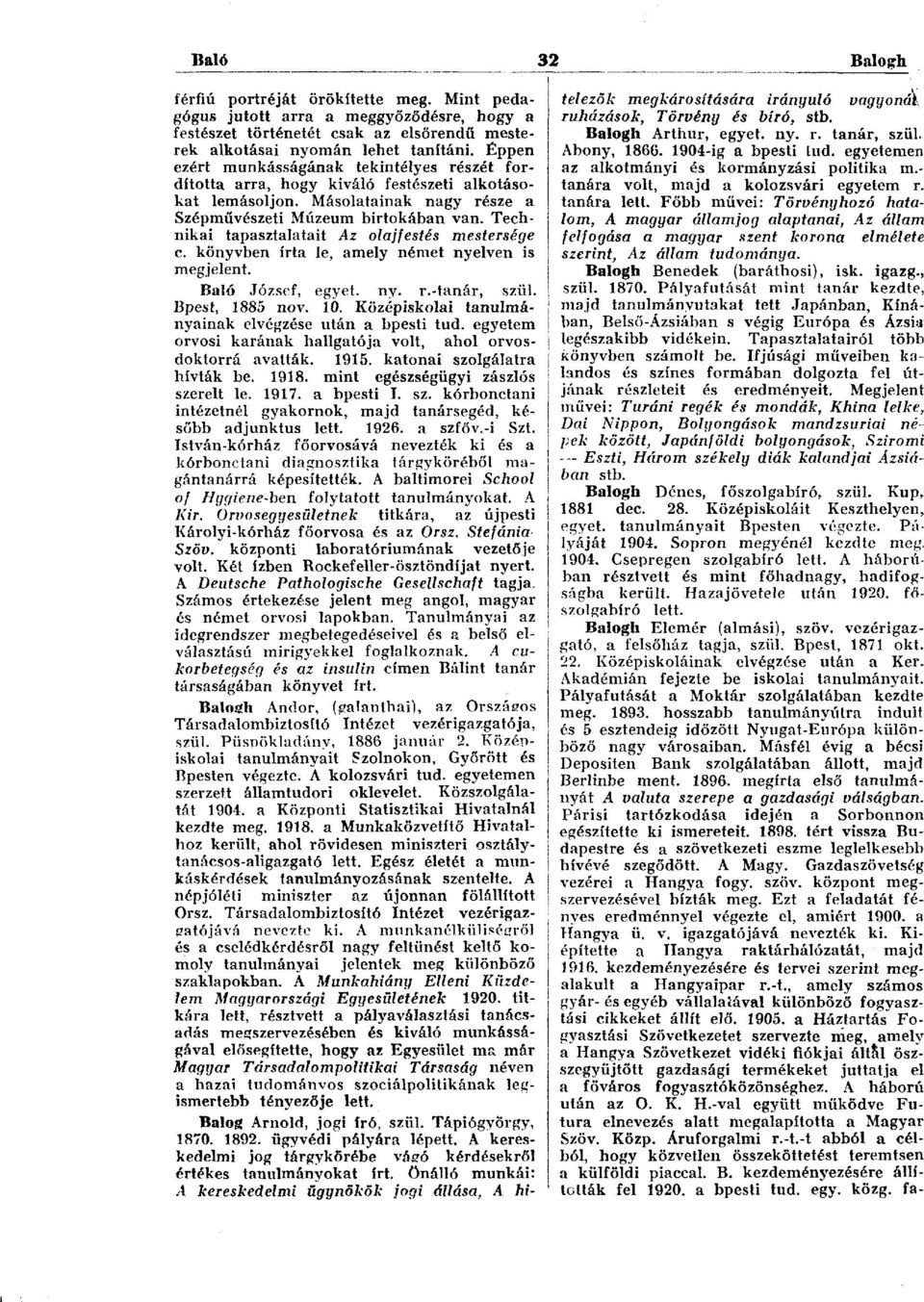 Technikai tapasztalatait Az olajfestés mestersége c. könyvben írta le, amely német nyelven is megjelent. Baló József, egyet. ny. r.-tanár, szül. Bpest, 1885 nov. 10.