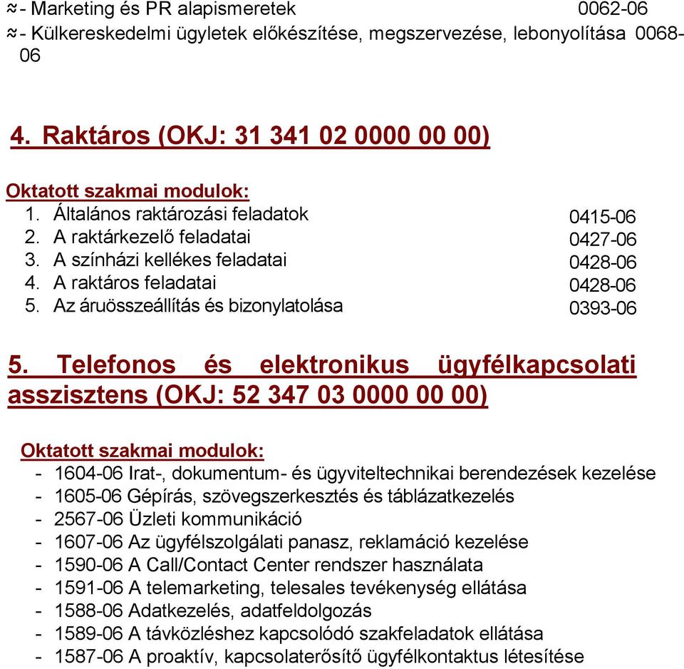 Telefonos és elektronikus ügyfélkapcsolati asszisztens (OKJ: 52 347 03 0000 00 00) - 1604-06 Irat-, dokumentum- és ügyviteltechnikai berendezések kezelése - 1605-06 Gépírás, szövegszerkesztés és