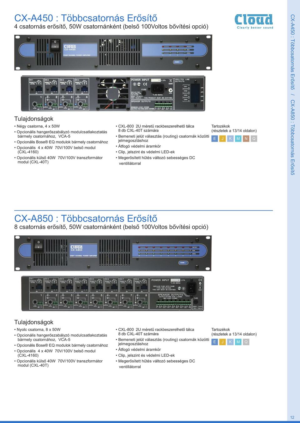 tálca 8 db CXL-40T számára Bemeneti jelút választás (routing) csatornák közötti jelmegosztáshoz Átfogó védelmi áramkör Clip, jelszint és védelmi LED-ek Megerősített hűtés változó sebességes DC