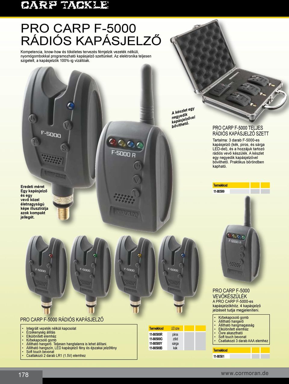 PRO CARP F-5000 teljes rádiós kapásjelző szett Tartalma: 3 darab F-5000-es kapásjelző (kék, piros, és sárga LED-del), és a hozzájuk tartozó rádiós vevő készülék.