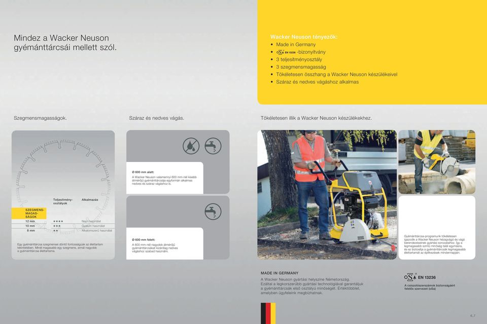 Száraz és nedves vágás. Tökéletesen illik a Wacker Neuson készülékekhez. Ø 600 alatt: A Wacker Neuson valamennyi 600 -nél kisebb jű gyémánttárcsája egyformán alkalmas nedves és száraz vágáshoz is.