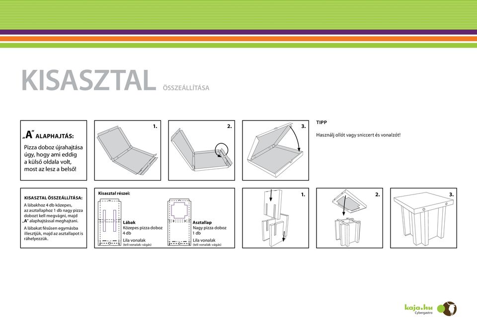 KisAsztAl összeállítása: A lábakhoz 4 db közepes, az asztallaphoz nagy pizza dobozt kell megvágni, majd