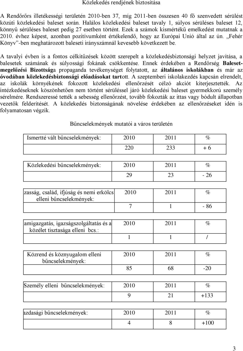 évhez képest, azonban pozitívumként értékelendő, hogy az Európai Unió által az ún. Fehér Könyv -ben meghatározott baleseti irányszámnál kevesebb következett be.