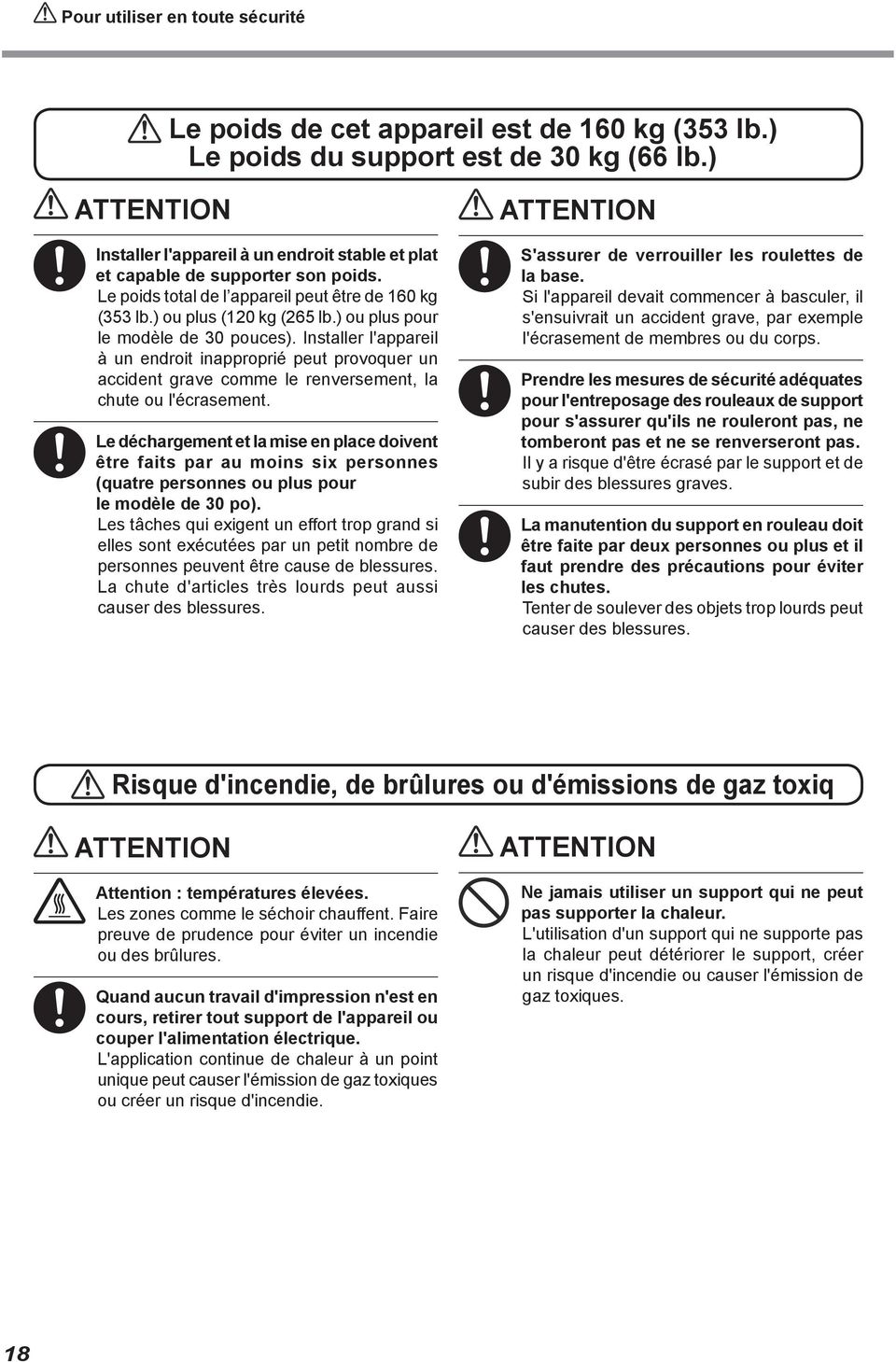 ) ou plus pour le modèle de 30 pouces). Installer l'appareil à un endroit inapproprié peut provoquer un accident grave comme le renversement, la chute ou l'écrasement.