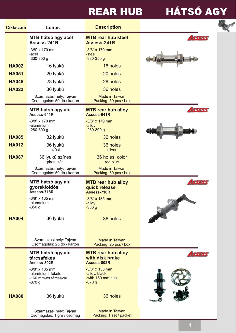 -350 g 36 lyukú MTB rear hub steel Assess-241R -3/8 x 170 mm -330-350 g 16 holes 20 holes 28 holes 36 holes MTB rear hub alloy Assess-641R -3/8 x 170 mm -alloy -280-300 g 32 holes 36 holes silver 36