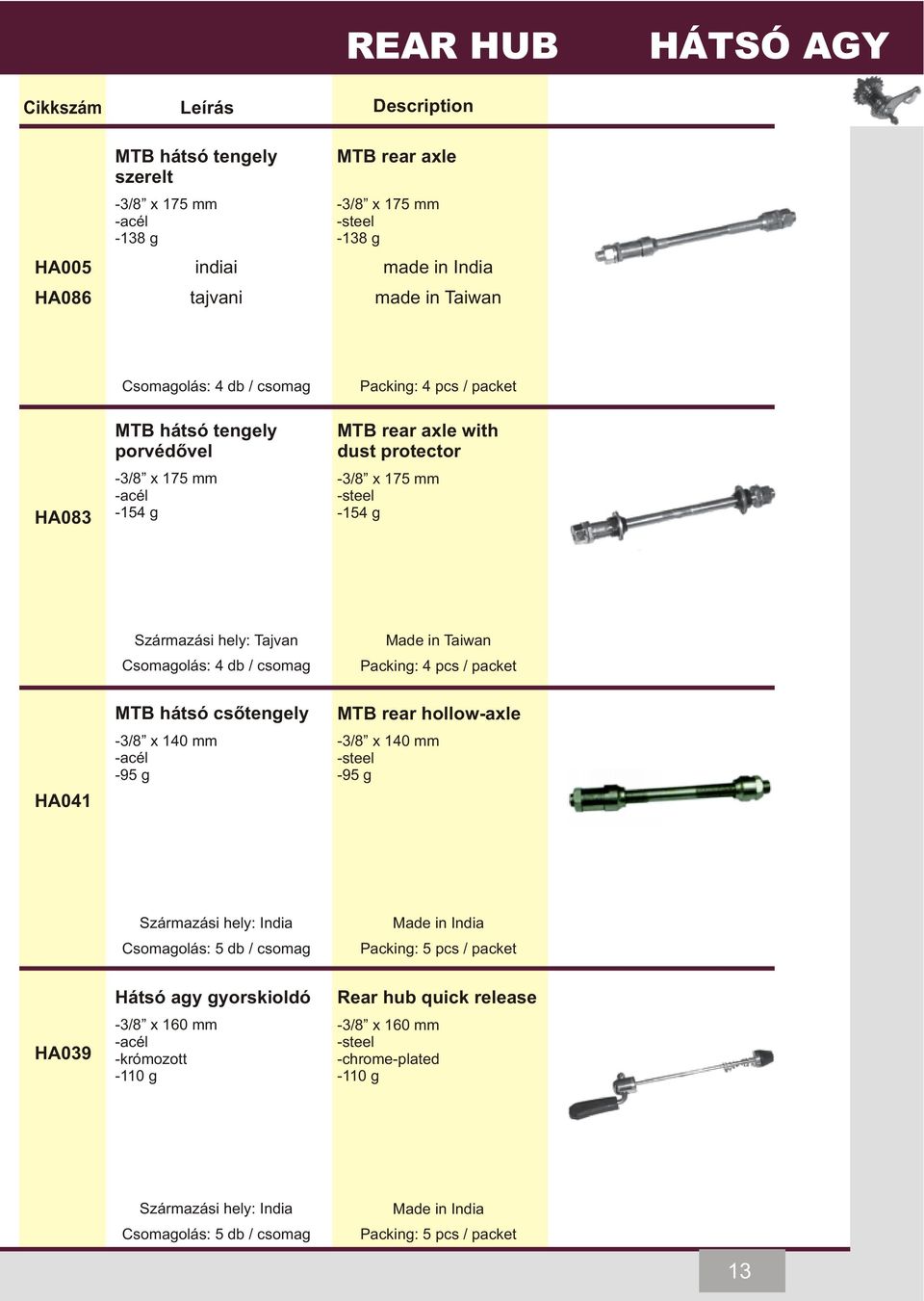 db / csomag Packing: 4 pcs / packet HA041 MTB hátsó csõtengely -3/8 x 140 mm -95 g MTB rear hollow-axle -3/8 x 140 mm -95 g India Csomagolás: 5 db / csomag India