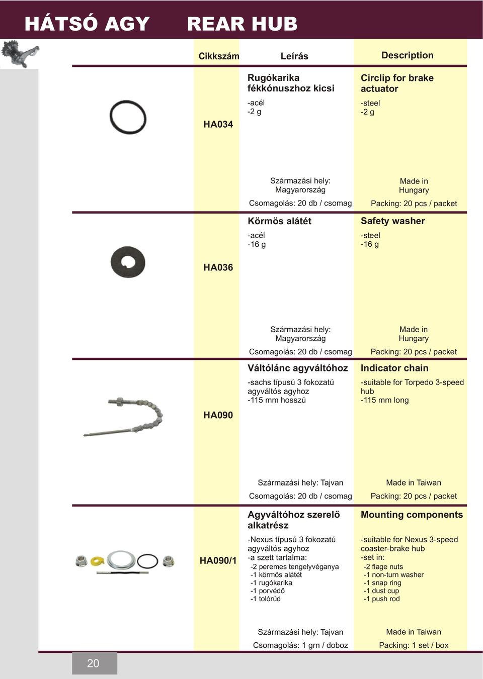 for Torpedo 3-speed hub -115 mm long HA090/1 Csomagolás: 20 db / csomag Agyváltóhoz szerelõ alkatrész -Nexus típusú 3 fokozatú agyváltós agyhoz -a szett tartalma: -2 peremes tengelyvéganya -1 körmös