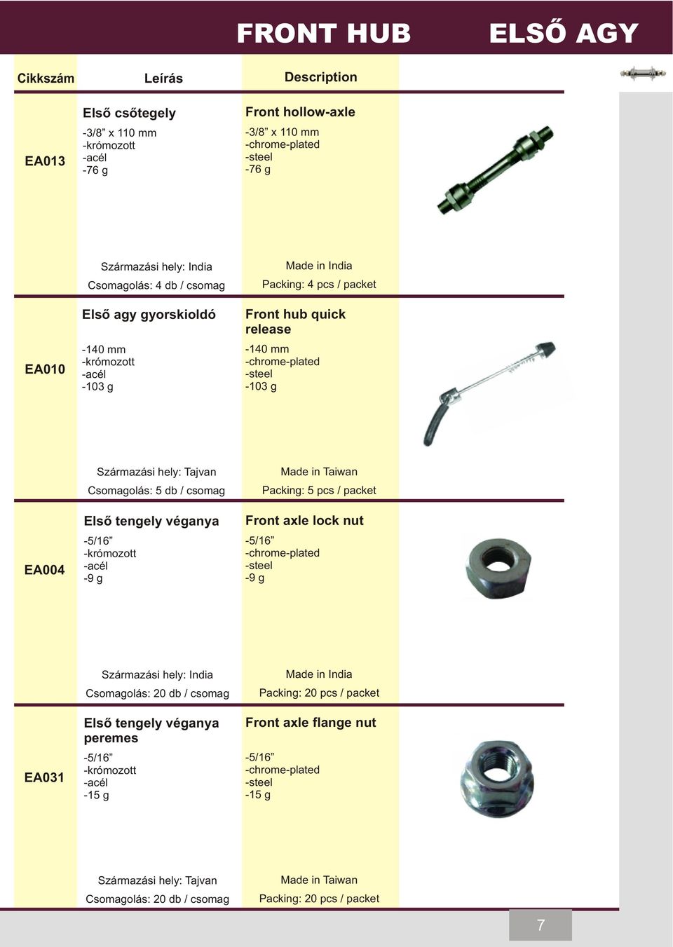 Elsõ tengely véganya -5/16-9 g Packing: 5 pcs / packet Front axle lock nut -5/16-9 g EA031 India Csomagolás: 20 db / csomag Elsõ tengely