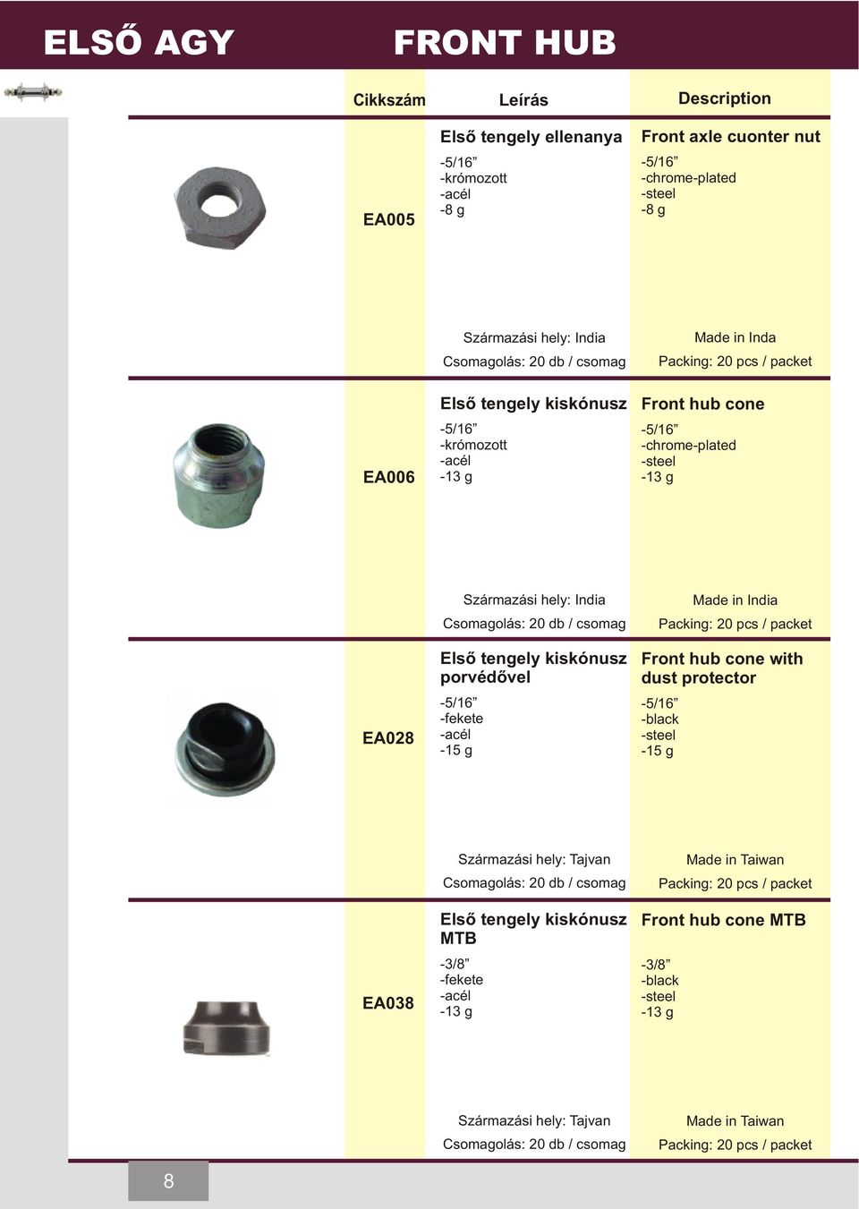 kiskónusz porvédõvel -5/16-15 g India Packing: 20 pcs / packet Front hub cone with dust protector -5/16-15 g EA038 Csomagolás: 20 db /