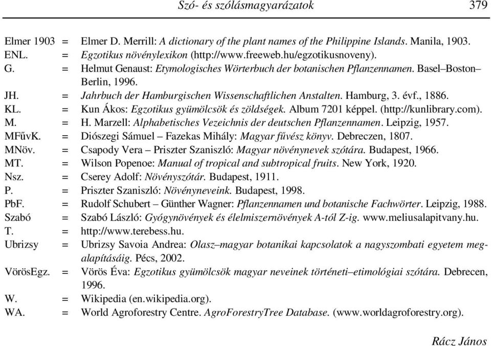 évf., 1886. KL. = Kun Ákos: Egzotikus gyümölcsök és zöldségek. Album 7201 képpel. (http://kunlibrary.com). M. = H. Marzell: Alphabetisches Vezeichnis der deutschen Pflanzennamen. Leipzig, 1957. MFűvK.