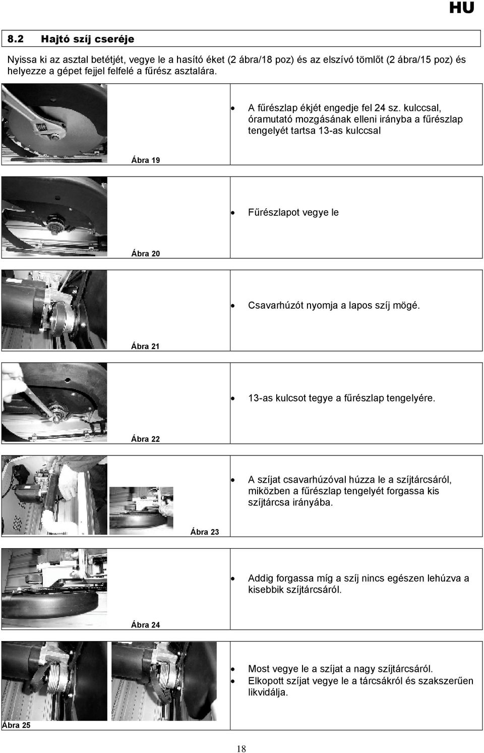 kulccsal, óramutató mozgásának elleni irányba a fűrészlap tengelyét tartsa 13-as kulccsal Ábra 19 Fűrészlapot vegye le Ábra 20 Csavarhúzót nyomja a lapos szíj mögé.