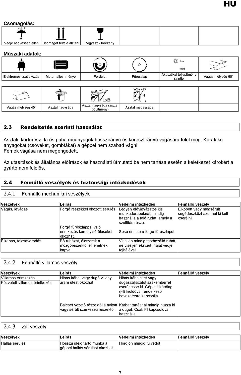 3 Rendeltetés szerinti használat Asztali körfűrész, fa és puha műanyagok hosszirányú és keresztirányú vágására felel meg.