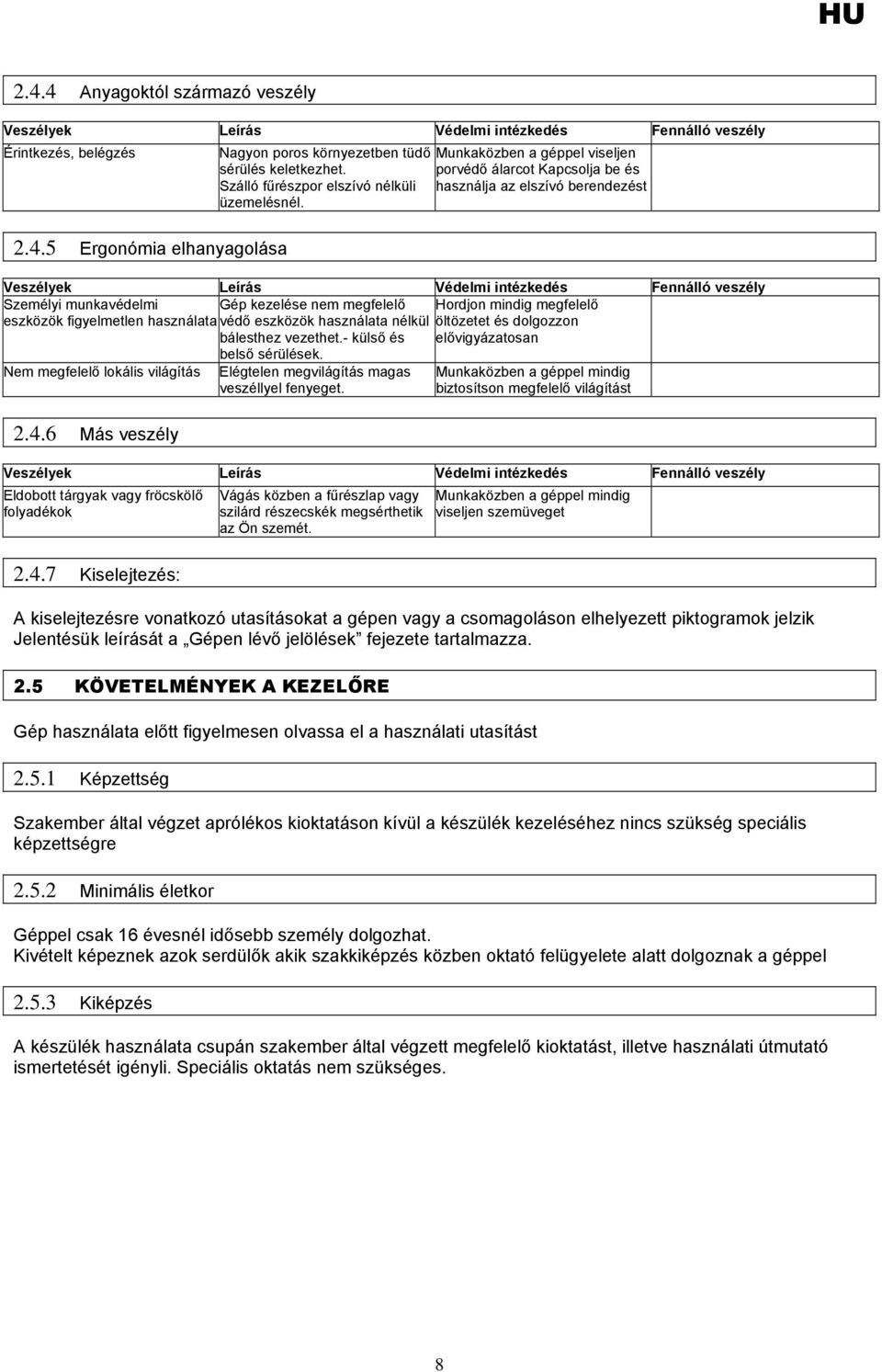 5 Ergonómia elhanyagolása Veszélyek Leírás Védelmi intézkedés Fennálló veszély Személyi munkavédelmi Gép kezelése nem megfelelő Hordjon mindig megfelelő eszközök figyelmetlen használata védő eszközök