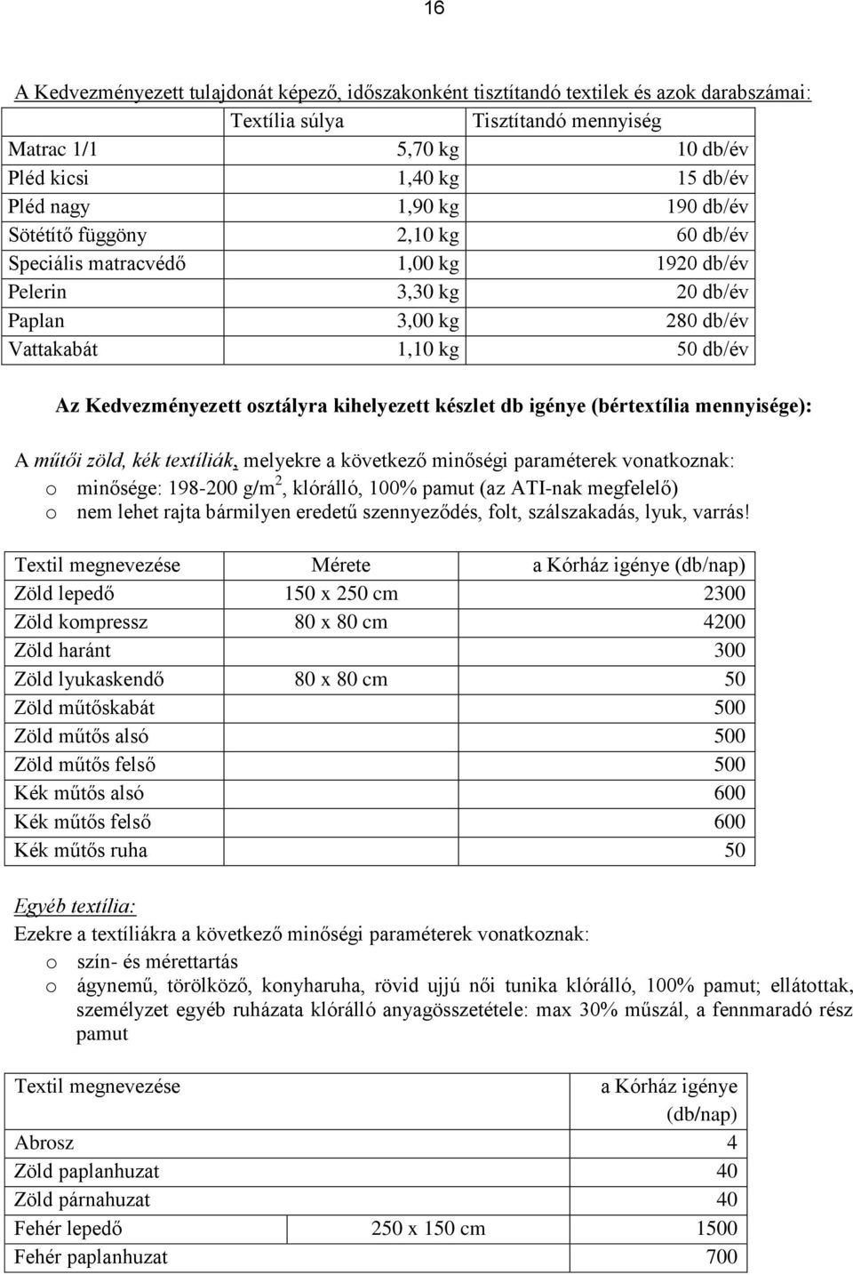 kihelyezett készlet db igénye (bértextília mennyisége): A műtői zöld, kék textíliák, melyekre a következő minőségi paraméterek vonatkoznak: o minősége: 198-200 g/m 2, klórálló, 100% pamut (az ATI-nak