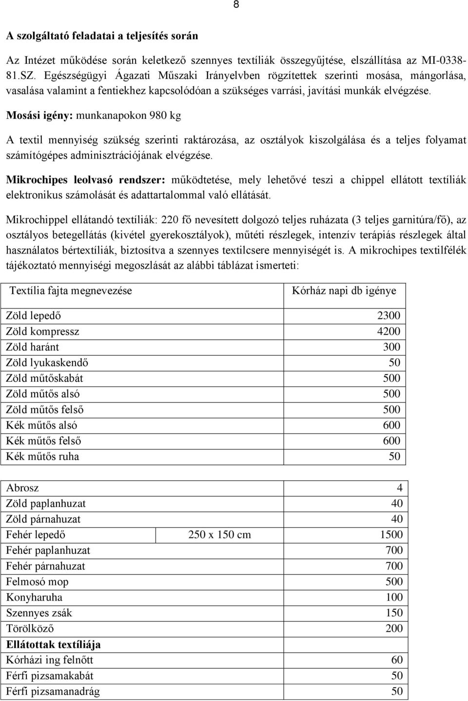 Mosási igény: munkanapokon 980 kg A textil mennyiség szükség szerinti raktározása, az osztályok kiszolgálása és a teljes folyamat számítógépes adminisztrációjának elvégzése.