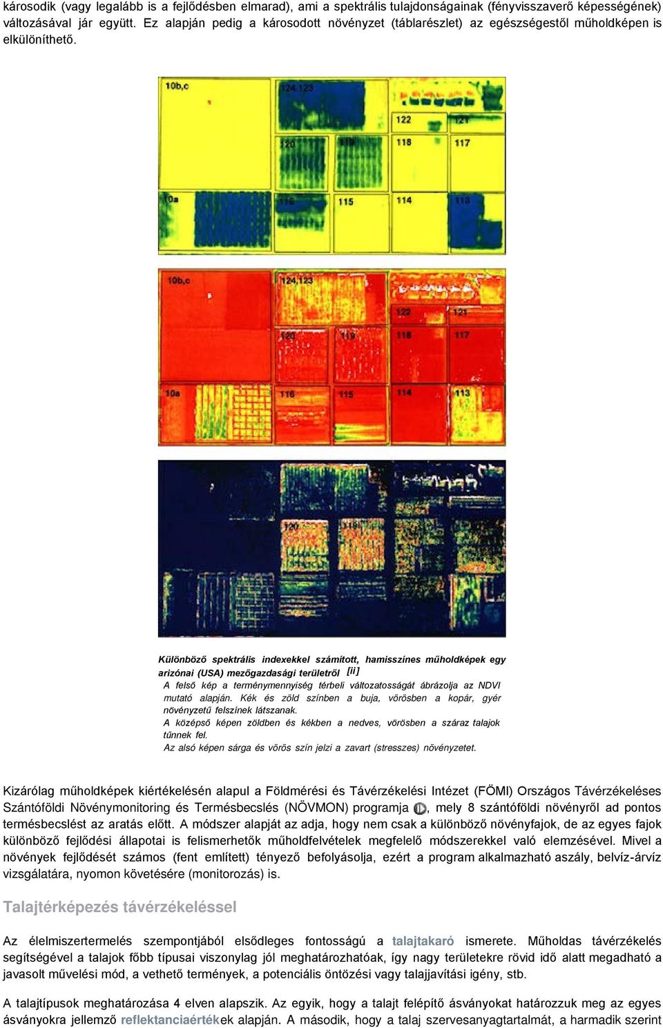 Különböző spektrális indexekkel számított, hamisszínes műholdképek egy arizónai (USA) mezőgazdasági területről [ii] A felső kép a terménymennyiség térbeli változatosságát ábrázolja az NDVI mutató