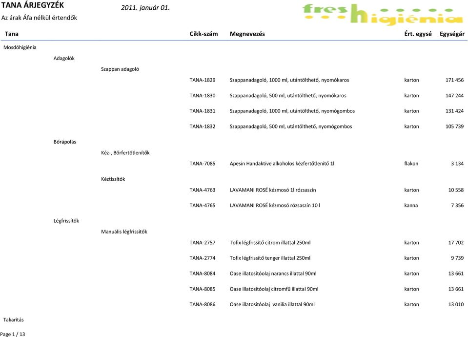 244 TANA-1831 Szappanadagoló, 1000 ml, utántölthető, nyomógombos karton 131 424 TANA-1832 Szappanadagoló, 500 ml, utántölthető, nyomógombos karton 105 739 Bőrápolás Kéz-, Bőrfertőtlenítők TANA-7085