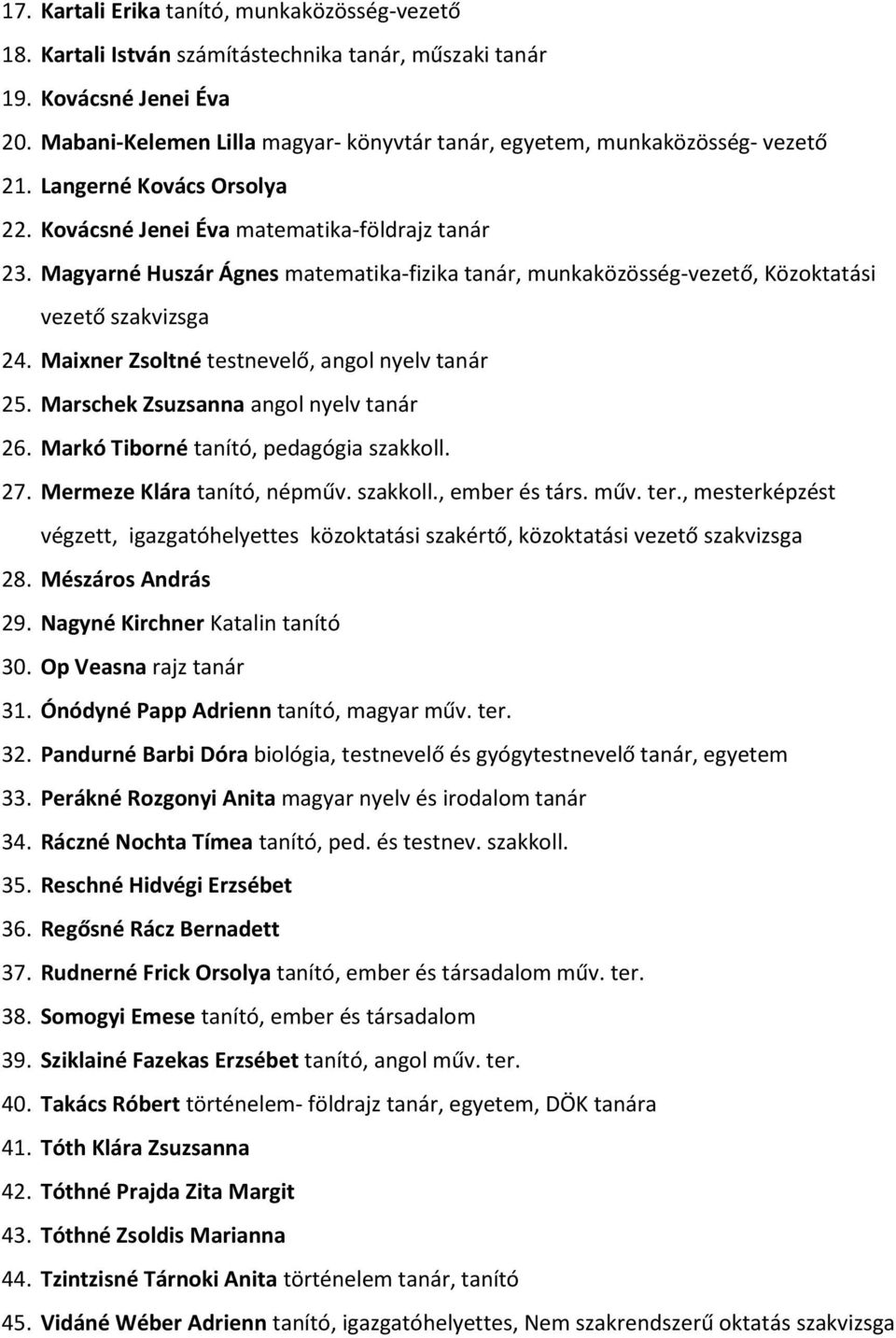 Magyarné Huszár Ágnes matematika-fizika tanár, munkaközösség-vezető, Közoktatási vezető szakvizsga 24. Maixner Zsoltné testnevelő, angol nyelv tanár 25. Marschek Zsuzsanna angol nyelv tanár 26.