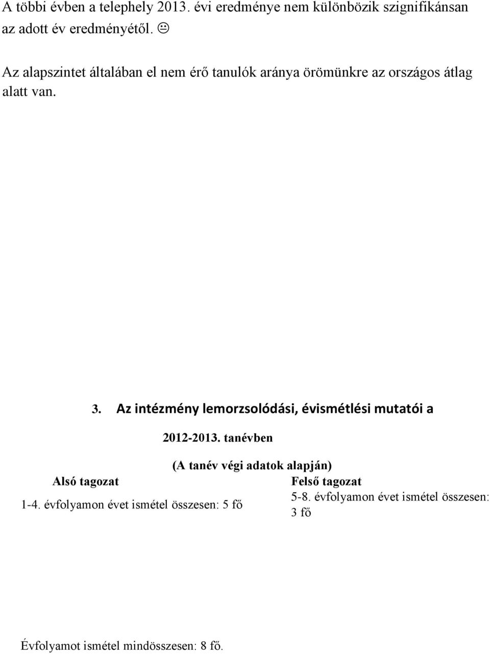 Az intézmény lemorzsolódási, évismétlési mutatói a 2012-2013.