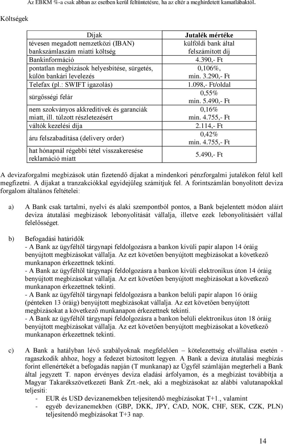 : SWIFT igazolás) sürgősségi felár nem szokványos akkreditívek és garanciák miatt, ill.