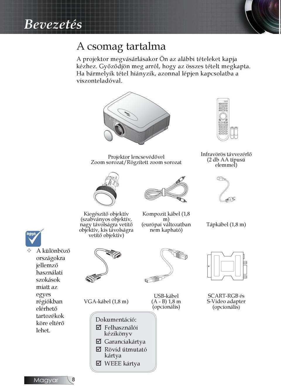Projektor lencsevédővel Zoom sorozat/rögzített zoom sorozat Infravörös távvezérlő (2 db AA típusú elemmel) Megjegyzés Kiegészítő objektív (szabványos objektív, nagy távolságra vetítő objektív, kis