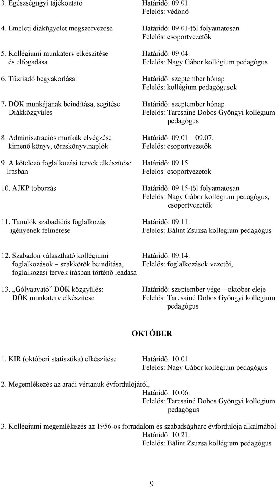 DÖK munkájának beindítása, segítése Határidő: szeptember hónap Diákközgyűlés Felelős: Tarcsainé Dobos Gyöngyi kollégium pedagógus 8. Adminisztrációs munkák elvégzése Határidő: 09.01 09.07.