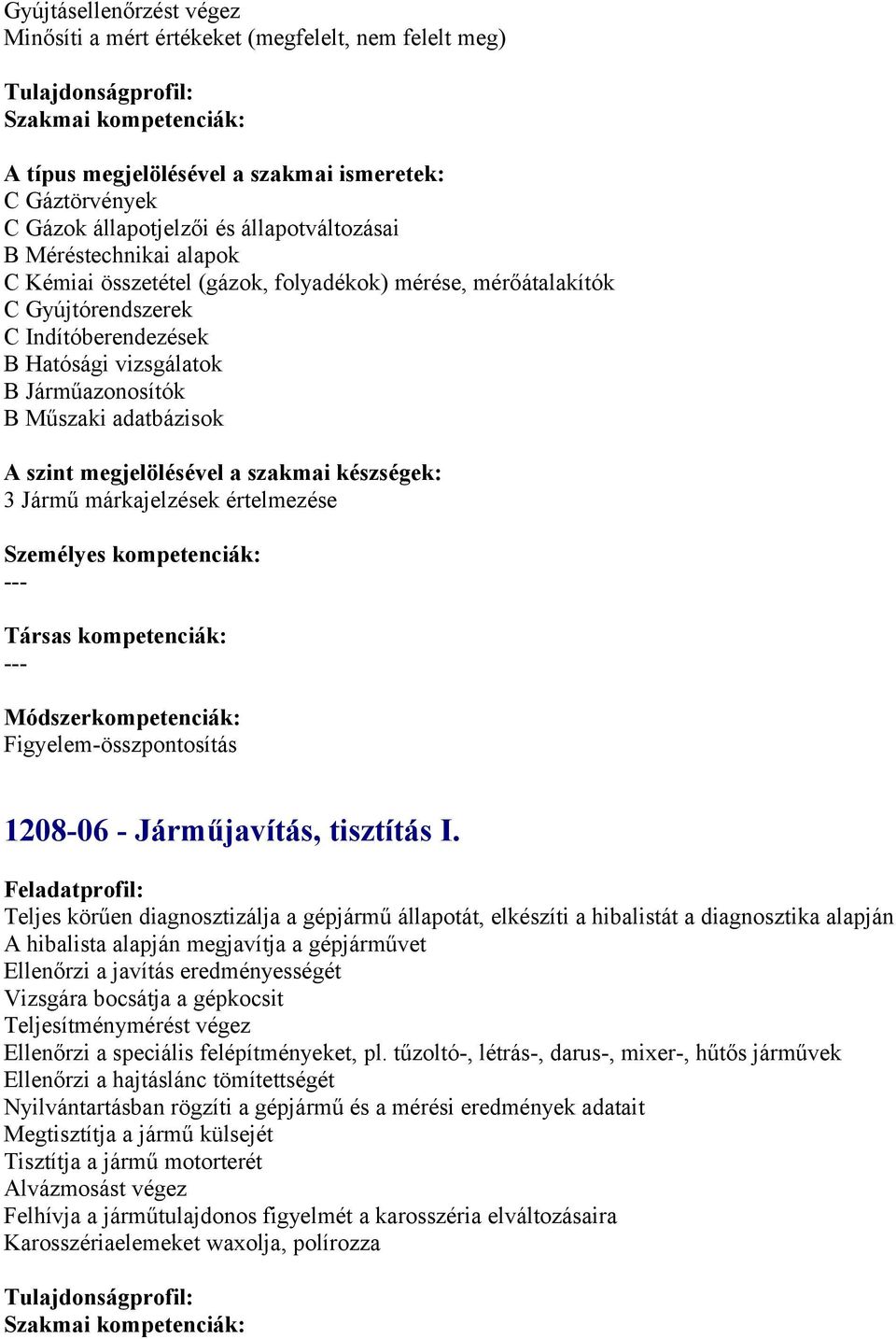 Személyes kmpetenciák: --- Társas kmpetenciák: --- Módszerkmpetenciák: Figyelem-összpntsítás 1208-06 - Járműjavítás, tisztítás I.