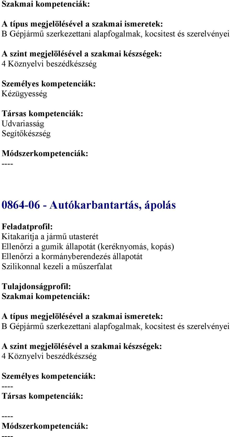 gumik állaptát (keréknymás, kpás) Ellenőrzi a krmányberendezés állaptát Sziliknnal kezeli a műszerfalat Tulajdnságprfil: Szakmai kmpetenciák: B Gépjármű