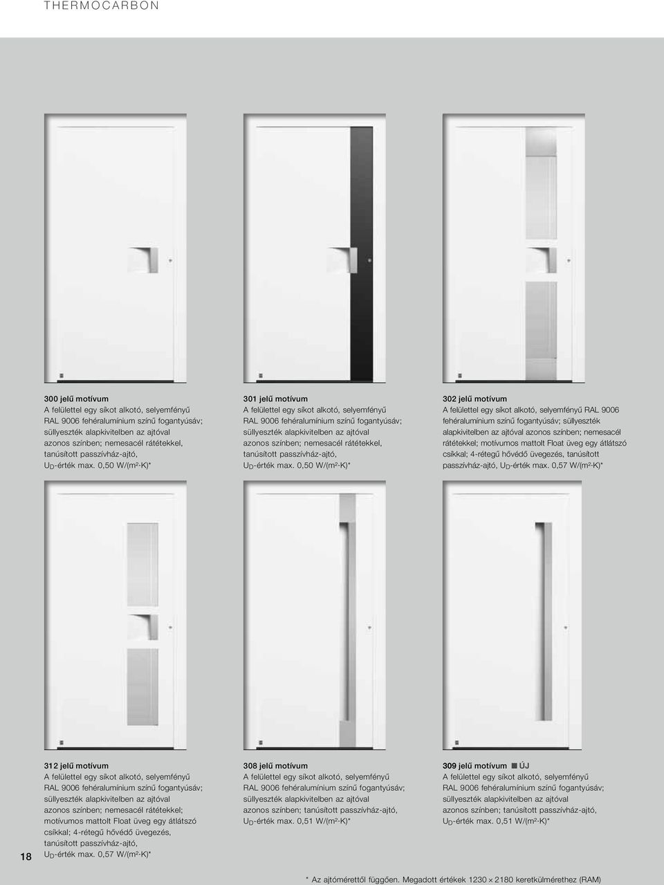 0,50 W/ (m² K)* 301 jelű motívum A felülettel egy síkot alkotó, selyemfényű RAL 9006 fehéralumínium színű fogantyúsáv; süllyeszték alapkivitelben az ajtóval azonos színben; nemesacél rátétekkel, 