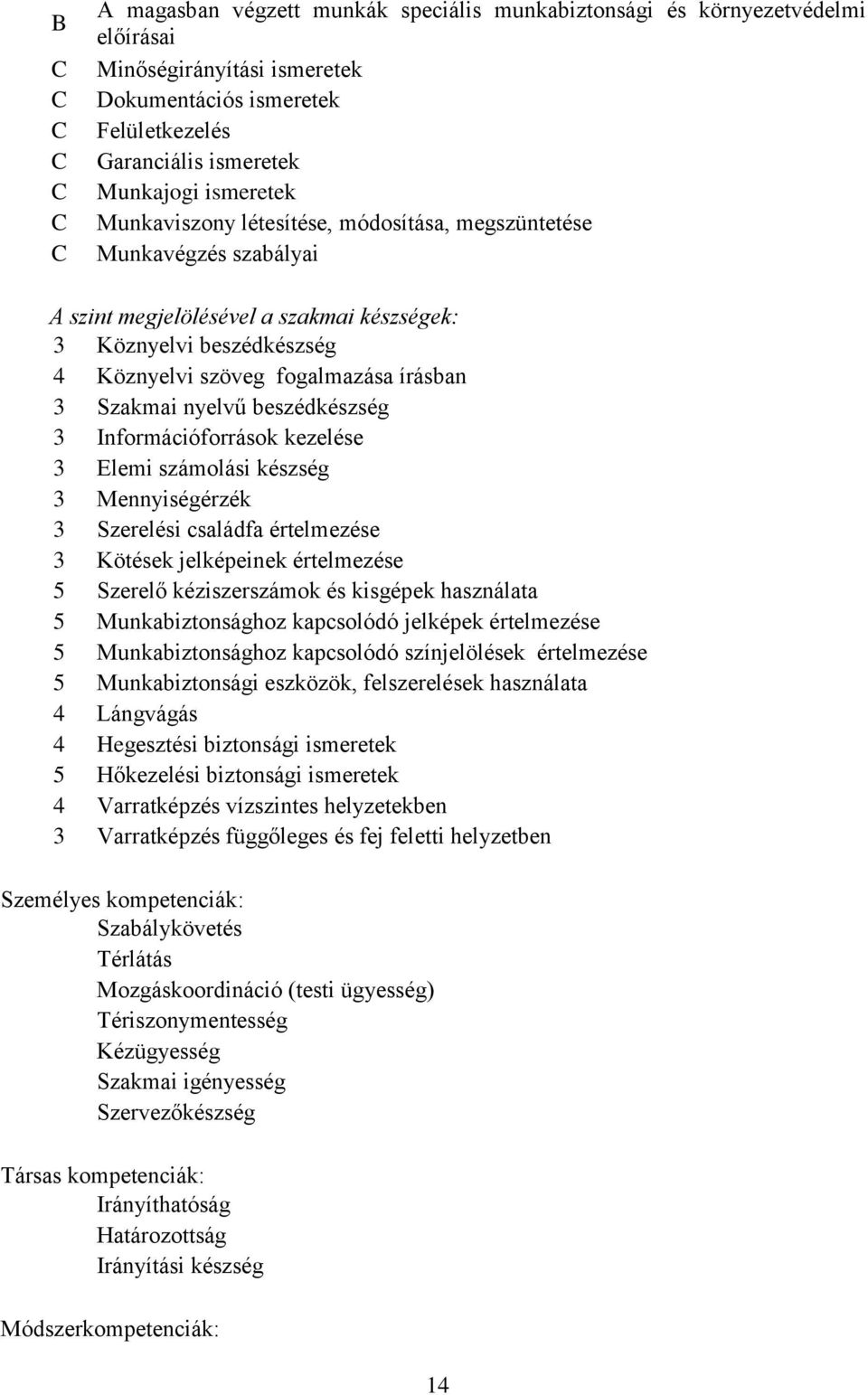 Szakmai nyelvű beszédkészség 3 Információforrások kezelése 3 Elemi számolási készség 3 Mennyiségérzék 3 Szerelési családfa értelmezése 3 Kötések jelképeinek értelmezése 5 Szerelő kéziszerszámok és