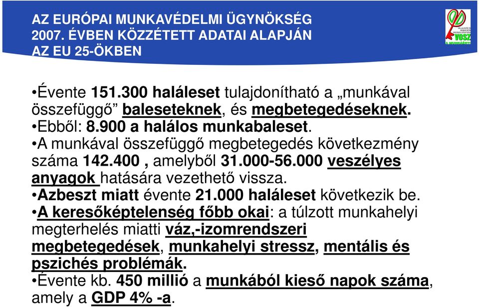 A munkával összefüggő megbetegedés következmény száma 142.400, amelyből 31.000-56.000 veszélyes anyagok hatására vezethető vissza. Azbeszt miatt évente 21.