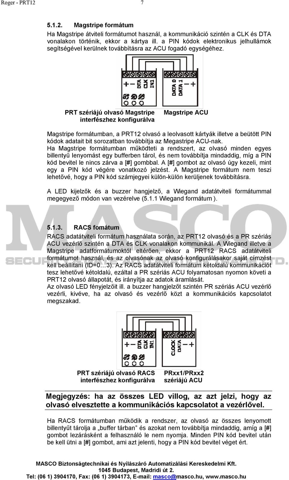 PRT szériájú olvasó Magstripe interfészhez konfigurálva Magstripe ACU Magstripe formátumban, a PRT12 olvasó a leolvasott kártyák illetve a beütött PIN kódok adatait bit sorozatban továbbítja az