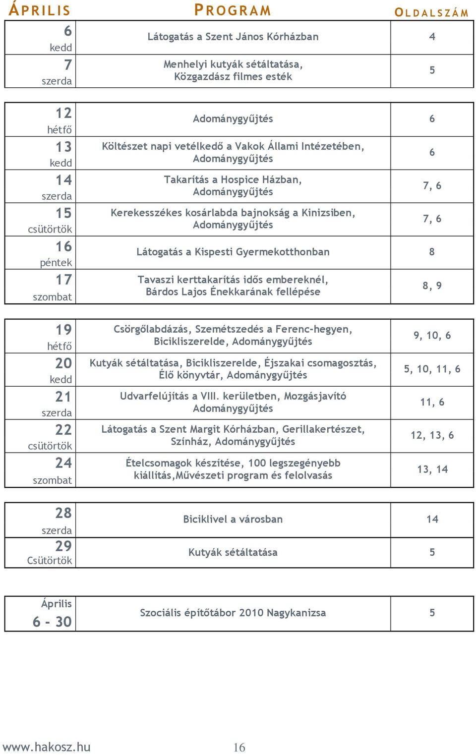 Adománygyőjtés Látogatás a Kispesti Gyermekotthonban 8 Tavaszi kerttakarítás idıs embereknél, Bárdos Lajos Énekkarának fellépése 6 7, 6 7, 6 8, 9 19 hétfı 20 kedd 21 szerda 22 csütörtök 24 szombat