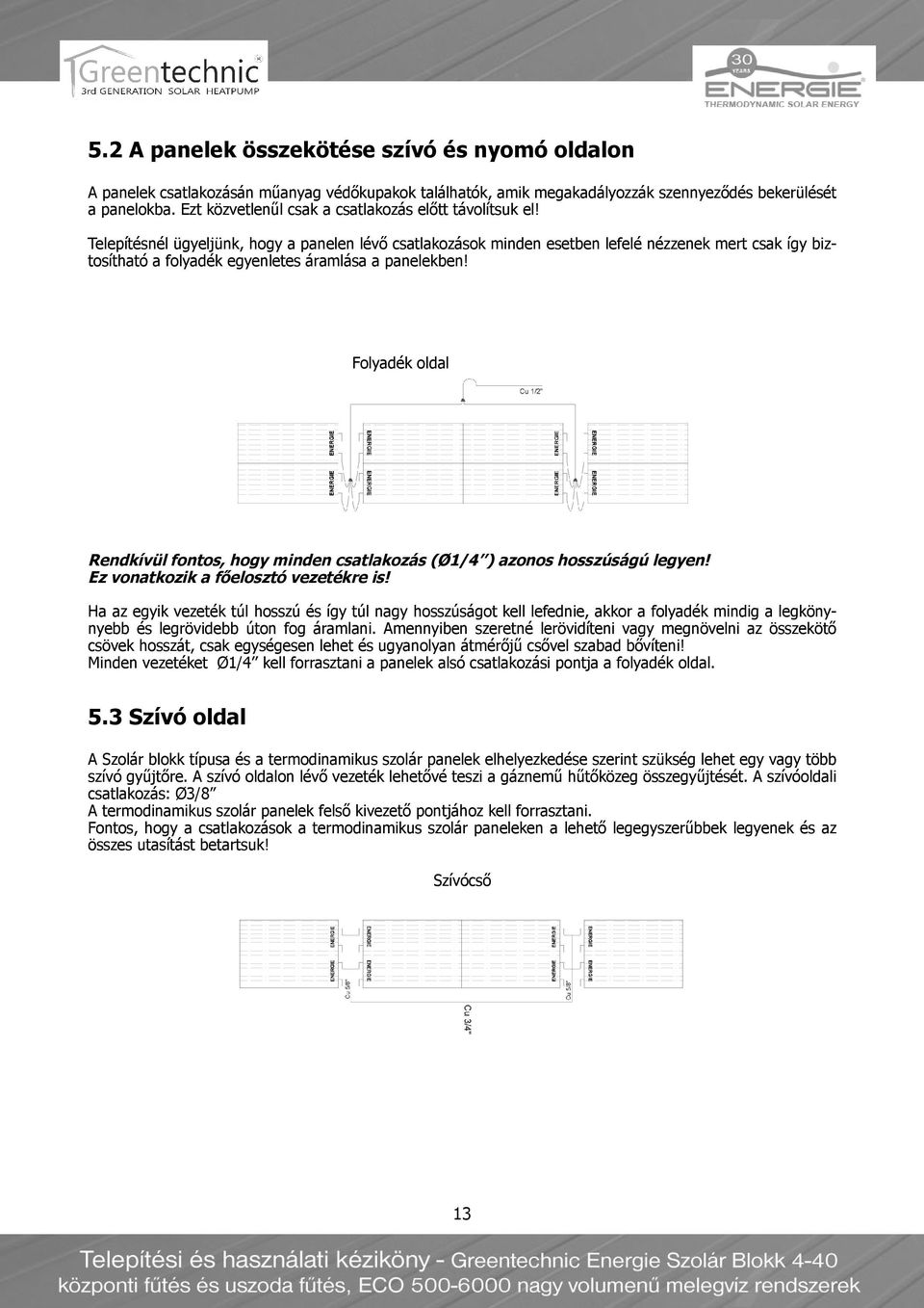 Telepítésnél ügyeljünk, hogy a panelen lévő csatlakozások minden esetben lefelé nézzenek mert csak így biztosítható a folyadék egyenletes áramlása a panelekben!