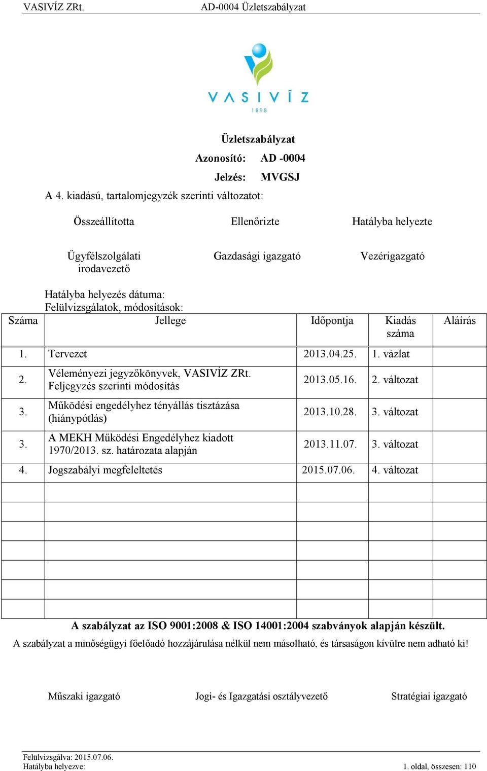 módosítások: Száma Jellege Időpontja Kiadás száma Aláírás 1. Tervezet 2013.04.25. 1. vázlat 2. 3. 3. Véleményezi jegyzőkönyvek, VASIVÍZ ZRt.