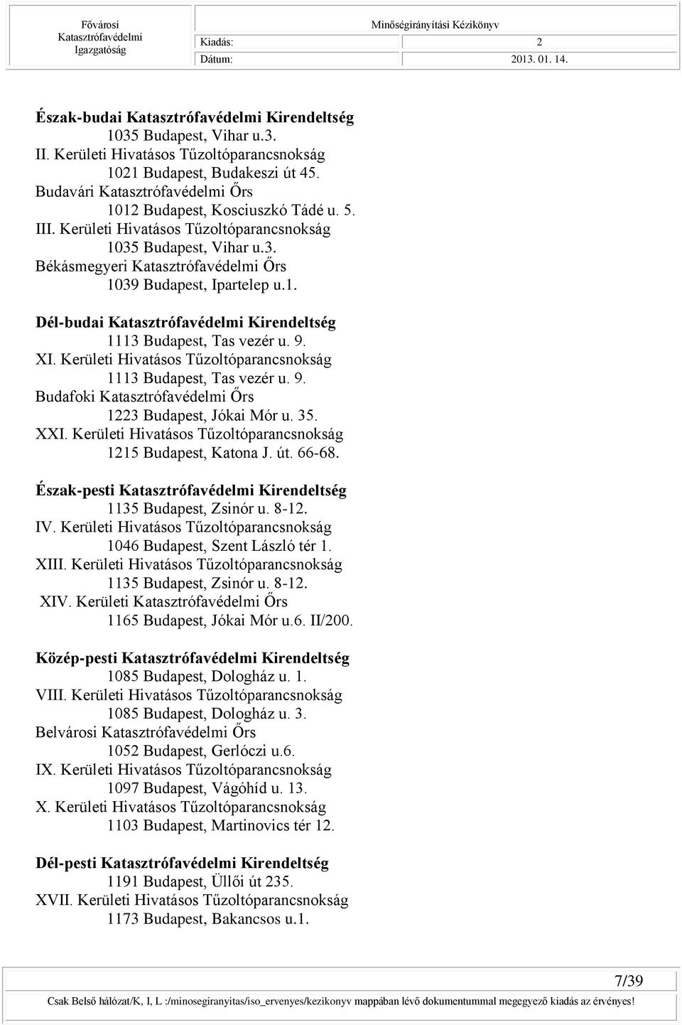 Kerületi Hivatásos Tűzoltóparancsnokság 1113 Budapest, Tas vezér u. 9. Budafoki Őrs 1223 Budapest, Jókai Mór u. 35. XXI. Kerületi Hivatásos Tűzoltóparancsnokság 1215 Budapest, Katona J. út. 66-68.