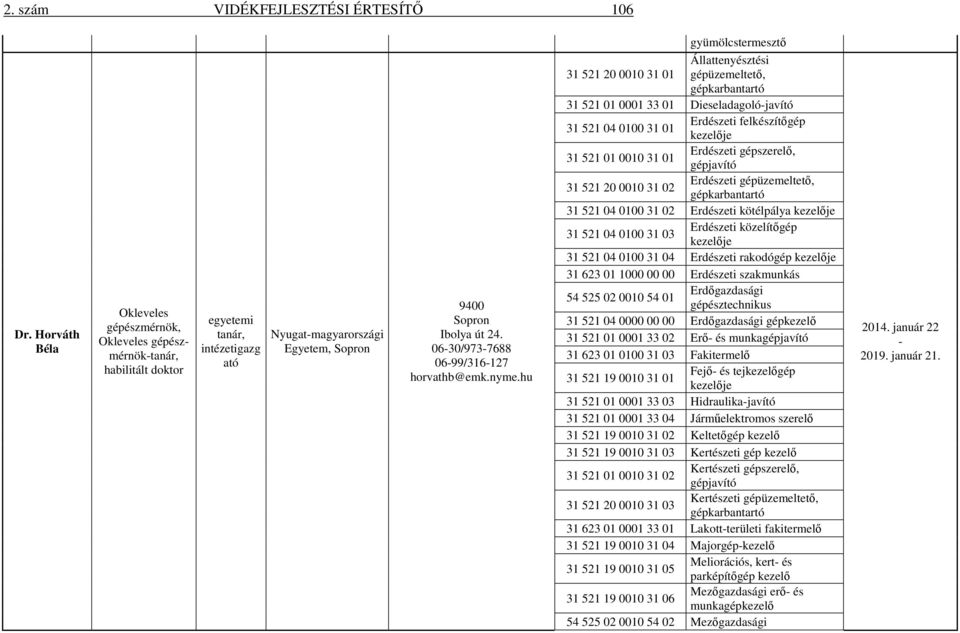 hu gyümölcstermesztő Állattenyésztési 31 521 20 0010 31 01 gépüzemeltető, 31 521 01 0001 33 01 Dieseladagolójavító Erdészeti felkészítőgép 31 521 04 0100 31 01 Erdészeti gépszerelő, 31 521 01 0010 31